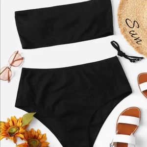 Plus Ribbed Bandeau with High Waisted Bikini Set